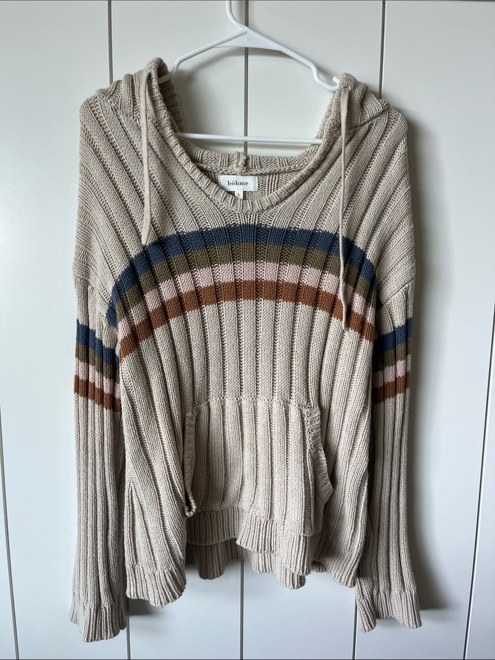 bohme Cream Ribbed Hoodie with Multi-Stripe Accents